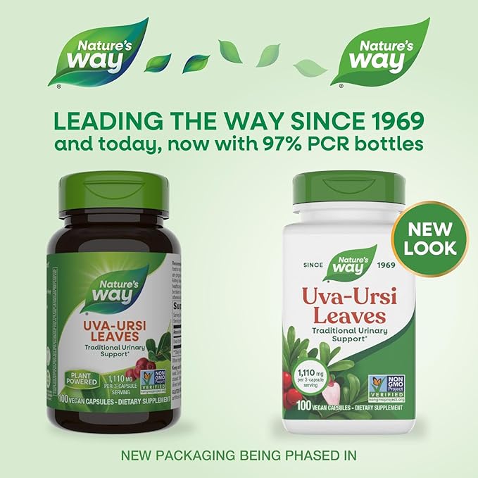 Nature's Way Uva Ursi Leaves, Traditional Urinary Support*, 1,110 mg per 3-Capsule Serving, Non-GMO Project Verified, Herbal Dietary Supplement, Gluten Free, 100 Vegan Capsules (Packaging May Vary)