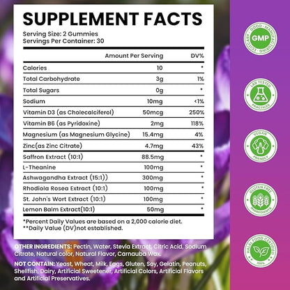 2 Pack Saffron Supplement Gummies, 10-in-1 Cortisol Supplement with Saffron 88.5mg, Magnesium, Rhodiola Rosea, Ashwagandha, L-Theanine, St. John's Wort, for Calm, Focus, Relaxation, 120 Count
