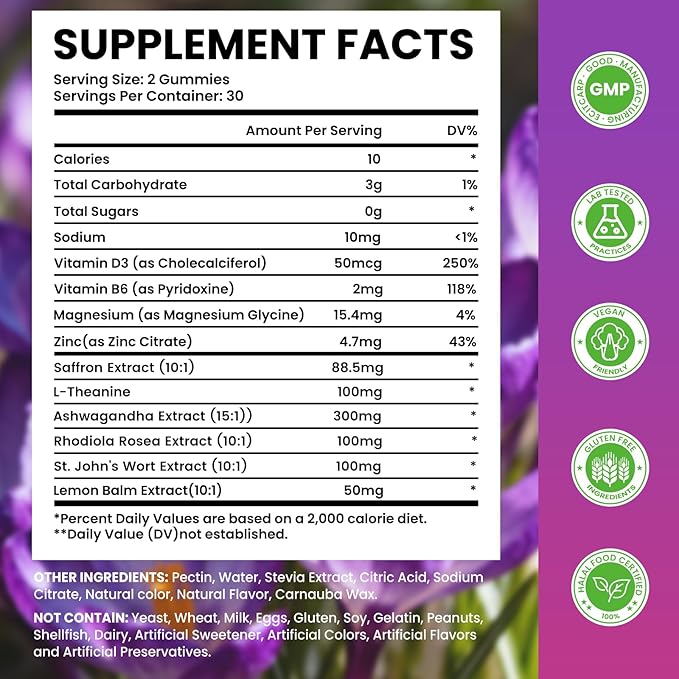Saffron Supplement Gummies, 10-in-1 Cortisol Supplement with Saffron 88.5mg, Magnesium, Rhodiola Rosea, Ashwagandha, L-Theanine, St. John's Wort, for Calm, Focus & Relaxation, 60 Count
