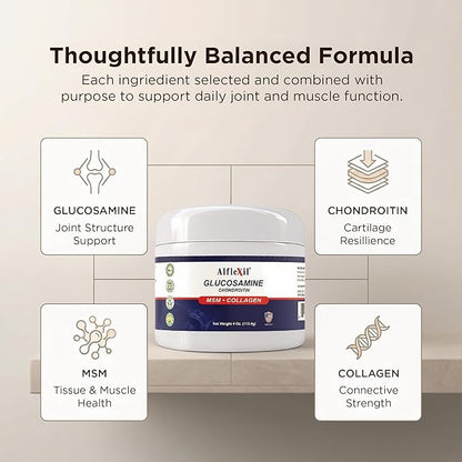 Glucosamine Plus Chondroitin Cream with MSM & Collagen, Supports Healthy Joints, Joint & Muscle Pain Relief, Improves Mobility, Fast Absorption, and Moisturizes Skin, 4 Oz.