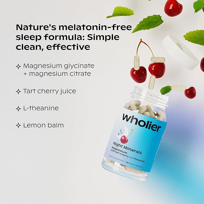 wholier Magnesium Glycinate, L-Theanine, Tart Cherry Juice. Natural Support for Sleep, Stress + Relaxation. Melatonin-Free. Night Minerals. (60 Vegan Capsules) Glass Bottle
