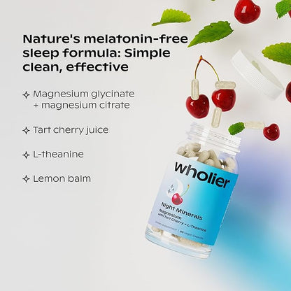 wholier Magnesium Glycinate, L-Theanine, Tart Cherry Juice. Natural Support for Sleep, Stress + Relaxation. Melatonin-Free. Night Minerals. (60 Vegan Capsules) Glass Bottle