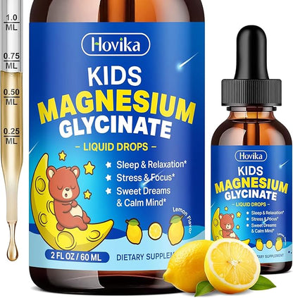 Magnesium Glycinate Liquid for Kids - with L-Theanine Omega-3, Vitamin B6, D3, Zinc - Kids Magnesium Drops for Sleep, Relaxation, Calm & Focus - 2 Fl Oz, Lemon Flavor