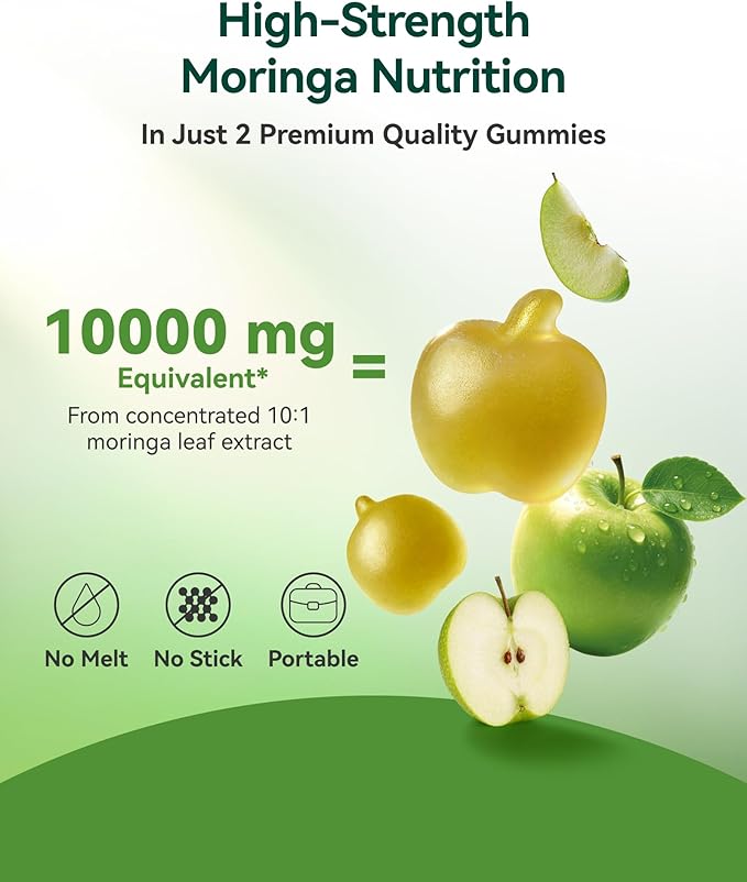 Inner Brightness Moringa Gummies 1000mg Per Serving – 10:1 Moringa Leaf Extract Green Superfood for Energy & Immune Support – Vegan, Non-GMO, 60 Count, Made in US