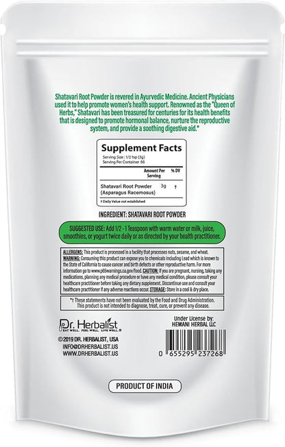 Dr. HERBALIST Shatavari Powder, Asparagus racemosus, 7.1 Oz (200G), Ayurvedic Herb for Vata & Pitta, Balanced Female Health Support, Vitality, Non-GMO, Vegan, Resealable Bag