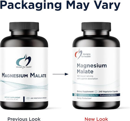 Designs for Health Magnesium Malate - Chelated Magnesium as Di Magnesium Malate - Highly Bioavailable Form to Support Energy, Bone Health + Muscle Recovery (240 Magnesium Malate Capsules)