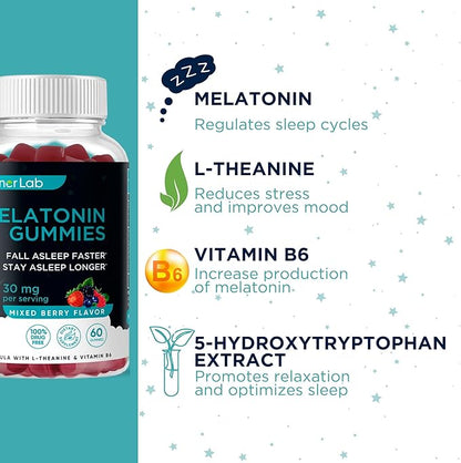 BionerLab Melatonin Gummies (30mg) Enhanced with L-theanine & Vitamin B6 for Adult Women Men - Extra Strength Chewables Calm Gummy - Gluten Free