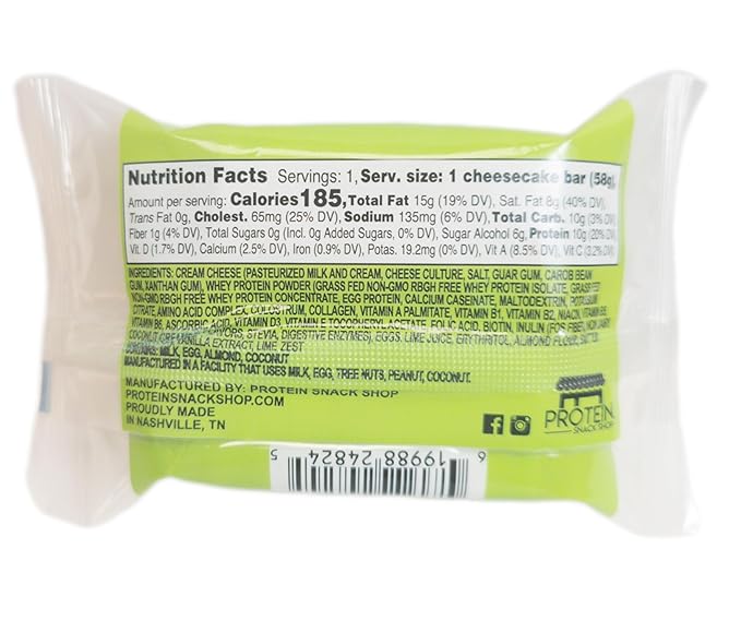 Low Carb Protein Cheesecake Bars | High Protein, Gluten-Free, Clean Ingredients Snack Bars (12, Key Lime)