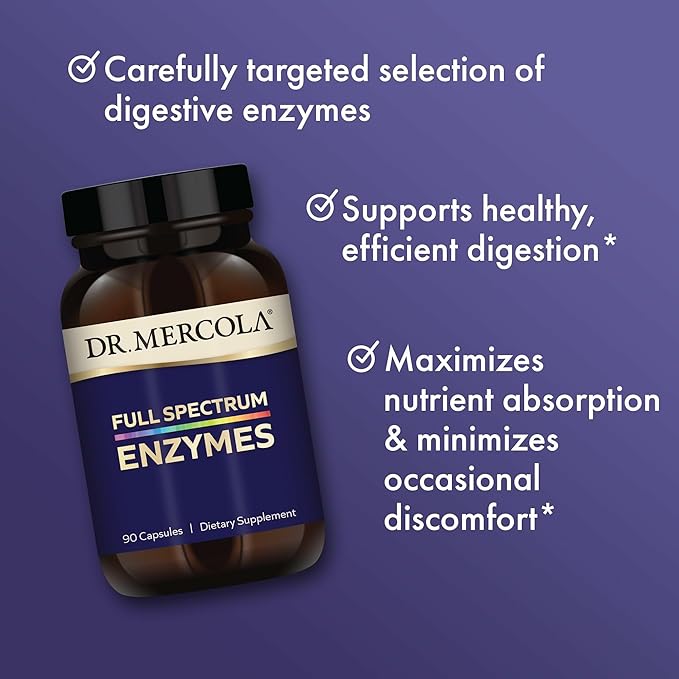 Dr. Mercola Full Spectrum Enzymes - 22 Different Enzymes - Supports Digestive & Immune Health - Helps Digest Carbohydrates, Fats & Proteins - Non-GMO, Gluten-Free & Soy-Free - 90 Capsules