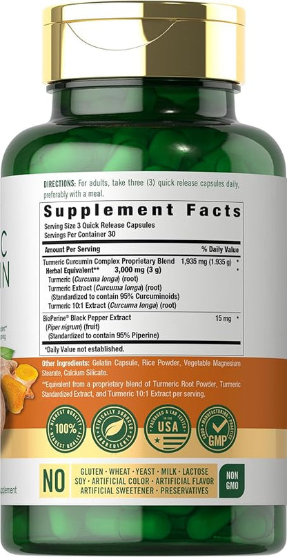 Carlyle Turmeric Curcumin with Black Pepper | 90 Powder Capsules | Complex Supplement with Bioperine | Non-GMO, Gluten Free