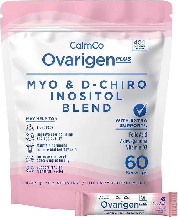 CalmCo Ovarigen Plus Myo-Inositol & D-Chiro Inositol Supplement for Women – 40:1 Powder with Folic Acid, Ashwagandha & Vitamin D3, Fertility Supplements for PCOS, Ovarian Support (60 Sachets)