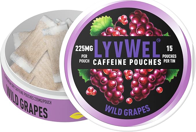 LyvWel Ultra Caffeine Pouch – Wild Grapes – 225mg Natural Caffeine with Guarana – Bold Grape Energy for Focus & Vibe – 1-Pack (15 Pouches)