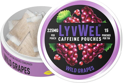 LyvWel Ultra Caffeine Pouch – Wild Grapes – 225mg Natural Caffeine with Guarana – Bold Grape Energy for Focus & Vibe – 1-Pack (15 Pouches)