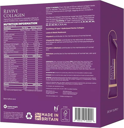 Revive Collagen Menopause Max — Hydrolyzed Marine Collagen Drink for Women, 10,000MG, Lutein, Reishi Mushroom, Vitamin B6, B12, C & D, for Skin & Eye Wellness, Pineapple & Coconut Flavour — 28 Sachets