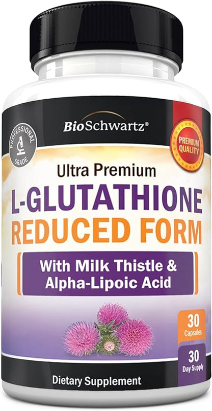 BioSchwartz Reduced Glutathione Supplement 500mg with Alpha Lipoic Acid 50mg & Milk Thistle 100mg - Glutathione Reduced Form - Gluten-Free, Third Party Quality Tested - 30 Capsules, 30 Day Supply
