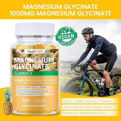 Magnesium Glycinate Gummies 1000mg, High Absorption Sugar Free Magnesium Potassium Supplement for Relaxation, Stress Relief, and Sleep Support for Adults & Kids - 180 Pineapple Gummies
