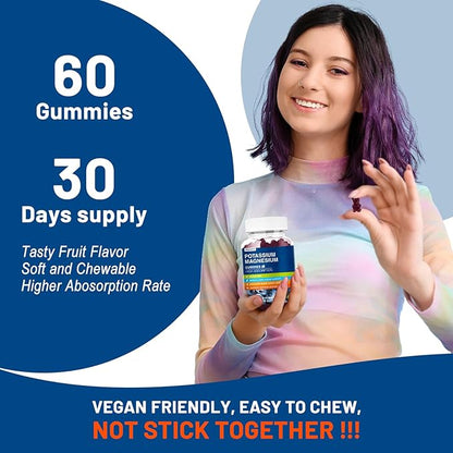 Potassium Magnesium Gummies - Magnesium Glycinate B6,D3 & Potassium Citrate for Leg Cramps,Muscle,Electroyte for Adults Kids,Sugar-Free - 60 Blueberry Gummies