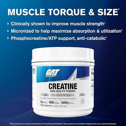 GAT SPORT Creatine Monohydrate 500 Gram Powder, Strength, Brain Health, Anti-oxidant, Endurance, for Men & Women, Unflavored, 100 Servings