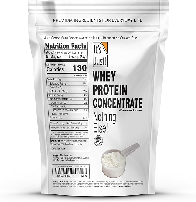 It's Just! - 100% Whey Protein Concentrate, GLP-1 Friendly, Made in USA, No RBST/rBGH Hormones, Premium WPC-80, No Added Flavors or Artificial Sweeteners (1.25 Pound, Unflavored)