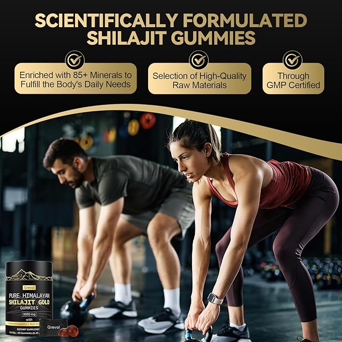 Grevol Himalayan Shilajit Gummies: Gold Grade Shilajit Riched with Ashwagandha Fulvic Acid & 85+ Trace Minerals - No Added Sugar - Individually Wrapped - for Men & Women - 60 Gummy