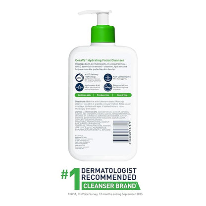 CeraVe Hydrating Facial Cleanser, Moisturizing Face Wash For Dry Skin, Hyaluronic Acid + Ceramides + Glycerin, Hydrating Cleanser For Normal To Dry Skin, National Eczema Association Certified