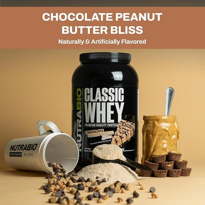 NutraBio Classic Whey Protein Powder- Full-Spectrum Amino Acid Profile - No Fillers, Artificial Colors, Preservatives - Low Glycemic Index - (Chocolate Peanut Butter, 2 Pounds)
