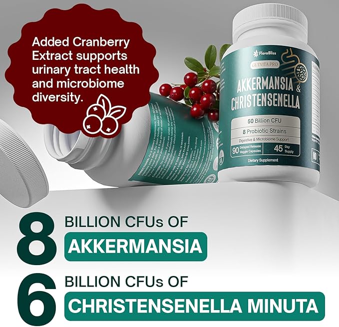 FloraBliss Christensenella Minuta and Akkermansia, Bifidobacterium longum, 8 Probiotic Strains, 50 Billion CFU, 90 Delayed-Release Capsules, with Cranberry Extract