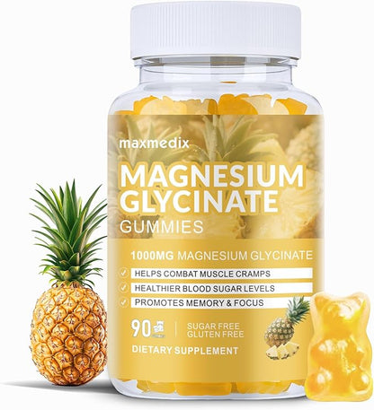 Magnesium Glycinate Gummies 1000mg, Sugar Free Magnesium Potassium Supplements Chewable for Adults with L-Threonate for Sleep, Body Support and Relaxation,90 Pineapple Gummies