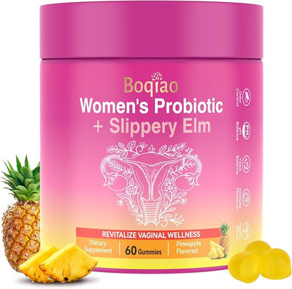 Feminine Probiotics Gummies with Slippery Elm - 60 Pineapple Gummies for Women ph Balance, Vaginal Probiotics Supports Flora, Gut Health & Immune System, Prebiotics & Lactobacillus Blend (Pineapple)