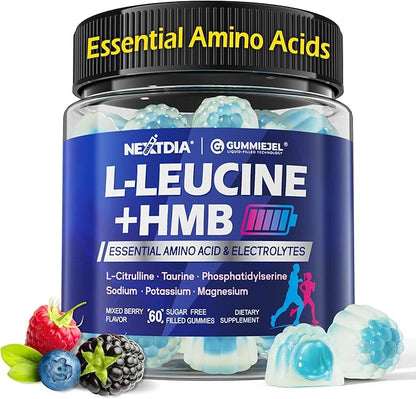 Hmb and L-Leucine Gummies, Pre Work Essential Amino Acids EAA Supplements for Men & Women, w/Branched-Chain Amino (BCAA) & 4 Hydration Electrolytes, Taurine, B12 & D3 for Fast Workout Recovery, 60Cts