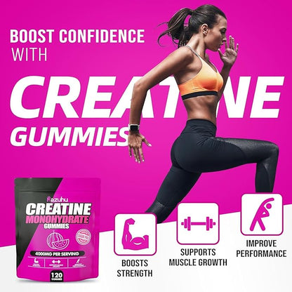 Creatine Monohydrate Gummies 4g per Serving, Creatine Gummies for Men & Women, Pre Workout, Energy, Strength, Muscle Support, Recovery, Sugar Free, Gluten-Free, Vegan, Non-GMO, 120 Count