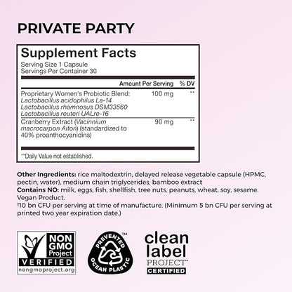 HUM Private Party Vaginal Probiotics for Women, pH Balance and Urinary Tract Support Vaginal Probiotic Supplement with Cranberry & Lactobacillus Blend, Women's Health Cranberry Pills, 30 Capsules