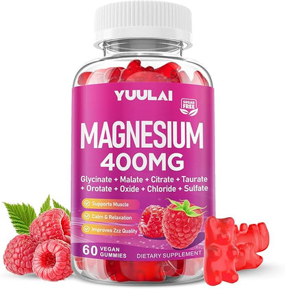 Magnesium Complex Gummies 400mg, Magnesium Glycinate, Malate, Citrate, Taurate, Oxide & More | w/Ashwagandha Extract, D3 & B12 for Calm, Zzz, Relaxation, Muscle Cramp, Raspberry Flavor, 60 Count