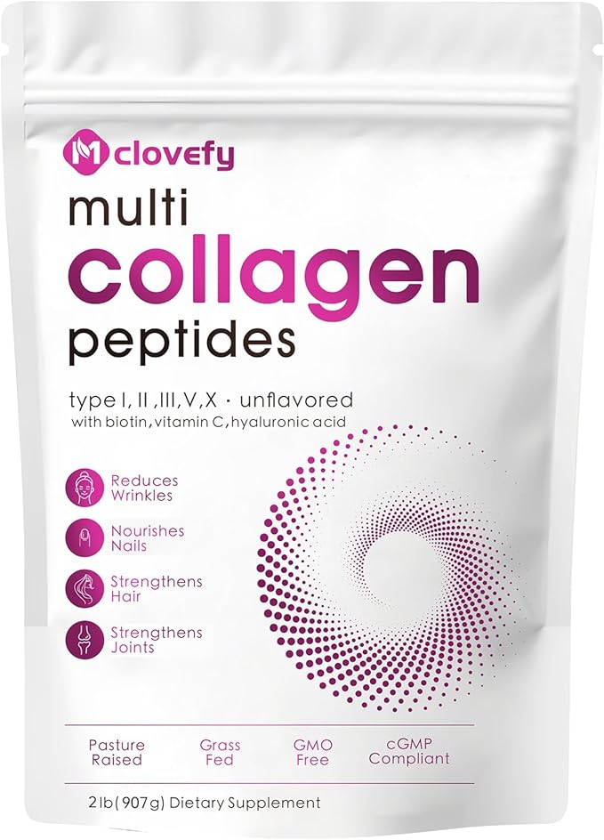Multi Collagen Protein Powder, 2lbs-Unflavored, with Hyaluronic Acid & Vitamin C, Skin, Hair & Joint Support, 32 Oz