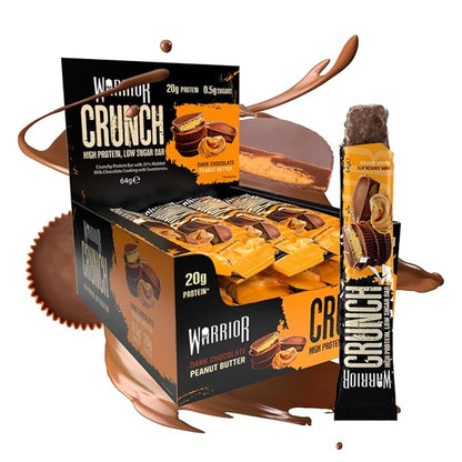 Warrior HIGH PROTEIN BARS (20g Protein each) - Low Carb, Low Sugar - Pack of 12 Caramel Crispy Crunch Bars - Dark Chocolate & Peanut Butter