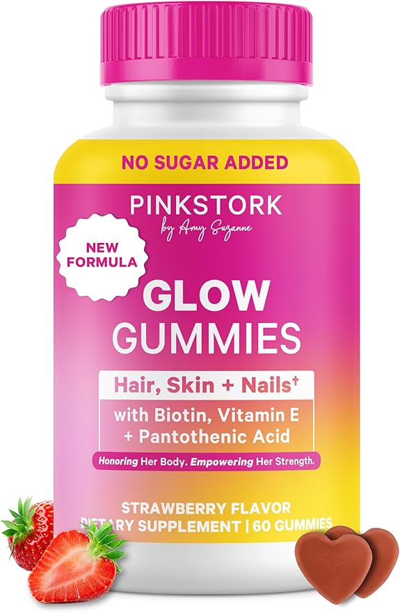 Pink Stork Total Glow Gummies for Women – Hair, Skin & Nails Vitamin with Biotin, Vitamin A, B6, B12, Folate, Zinc & More – Support for Radiant Skin, Strong Nails, and Healthy Hair – 60 Berry Gummies