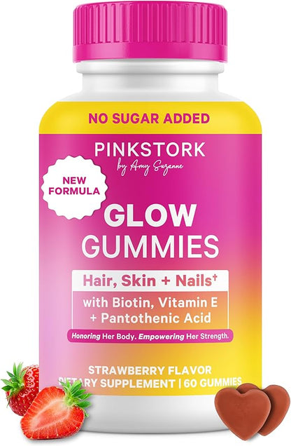 Pink Stork Total Glow Gummies for Women – Hair, Skin & Nails Vitamin with Biotin, Vitamin A, B6, B12, Folate, Zinc & More – Support for Radiant Skin, Strong Nails, and Healthy Hair – 60 Berry Gummies