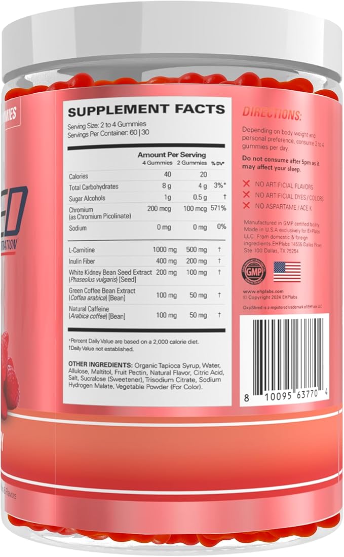 EHP Labs OxyShred Gummies - Pre Workout Gummies & Energy Chews with 100mg Caffeine, L-Carnitine for Thermo & Metabolic Support, All Natural Energy Boost - Strawberry Flavor – 60 Servings