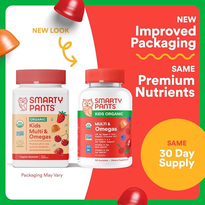SmartyPants Organic Kids Multivitamin Gummies: Omega 3 (ALA), Beta Carotene, Vitamin B12, B6, A, K & Zinc for Immune Support, Biotin, Vegetarian, Three Fruit Flavors, 120 Count (30 Day Supply)