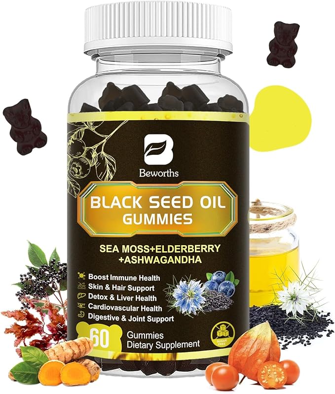 Black Seed Oil Gummies with Ashwagandha & Irish Sea Moss & Elderberry – Immune Support Supplement with Vitamin C, D3, Zinc, Nigella Sativa Black Cumin Gummy for Hair Growth & Joint Health - 60 Vegan