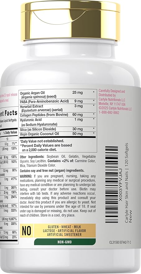 Carlyle Hair Skin and Nails Vitamin | 120 Softgels | Beauty Formula Supplement | with Biotin and Collagen Zinc, Vitamin A, B6, C & E | Non-GMO, Gluten Free