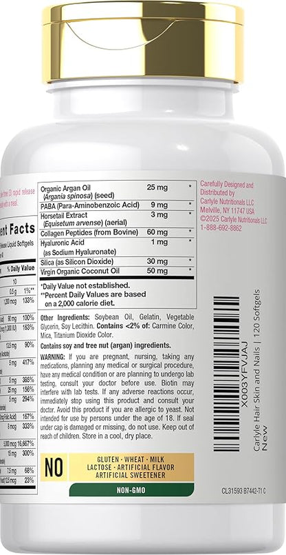 Carlyle Hair Skin and Nails Vitamin | 120 Softgels | Beauty Formula Supplement | with Biotin and Collagen Zinc, Vitamin A, B6, C & E | Non-GMO, Gluten Free