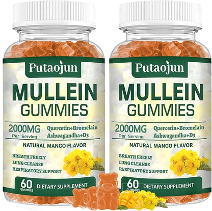2 Packs Organic Mullein Gummies for Lungs, 2000MG Mullein Leaf Extract Supplement | Quercetin, Bromelain for Respiratory & Immune Support | Vegan, Sugr-Free, Mango Flavor | 120 Count