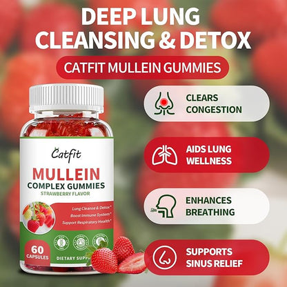 Catfit Mullein Gummies for Lungs Detox &Lymphatic Drainage,Mullein Leaf Extract,Quercetin&Elderberry for Respiratory & Immune Support,Vegan, Strawberry Flavor, 120 Gummies