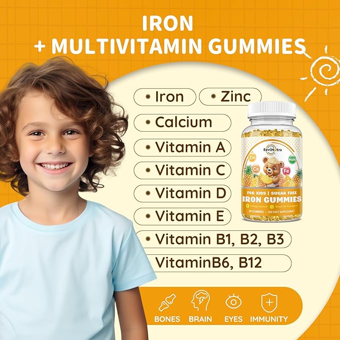 Iron Supplement Gummies for Kids - with Calcium, Zinc, Kids Multivitamin with Iron Gummies - Immune Support, Blood Builder & Energy Support for Iron Deficiency, Anemia, Pineapple Flavor, 60 Gummies