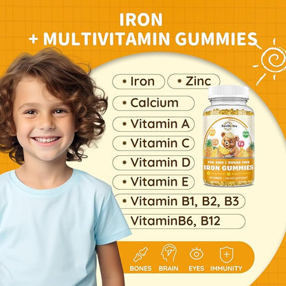 Iron Supplement Gummies for Kids - with Calcium, Zinc, Kids Multivitamin with Iron Gummies - Immune Support, Blood Builder & Energy Support for Iron Deficiency, Anemia, Pineapple Flavor, 60 Gummies