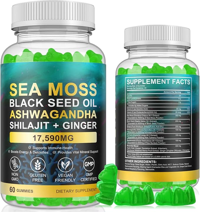 Sea Moss Gummies, SeaMoss Gummy with Black Seed Oil,Ashwagandha,Natural Ingredients Shilajit & Ginger for Men & Women, 17,590mg-60 Gummies