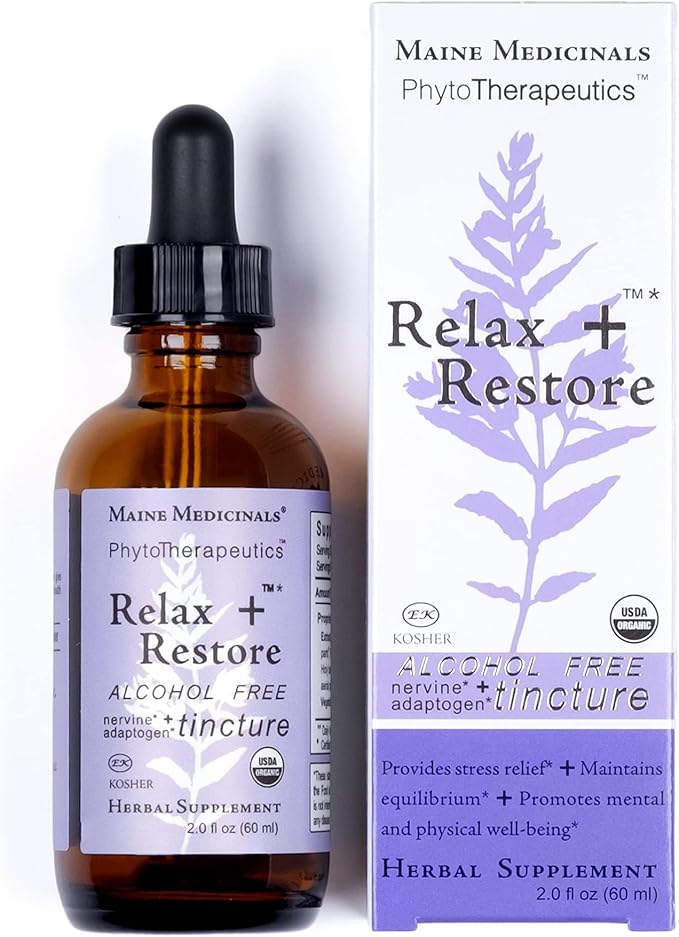 Relax + Restore Alcohol-Free Herbal Stress Support- with Nervines and Adaptogens for Healthy Calm* Certified Organic - 2 floz (60 Servings)