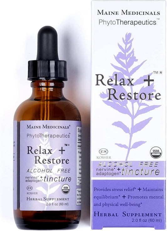 Relax + Restore Alcohol-Free Herbal Stress Support- with Nervines and Adaptogens for Healthy Calm* Certified Organic - 2 floz (60 Servings)