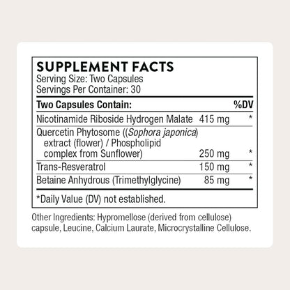 Thorne ResveraCel - Nicotinamide Riboside with Quercetin Phytosome and Resveratrol - Support Healthy Aging, Methylation, Cellular Energy Production and Metabolism - 60 Capsules - 30 Servings